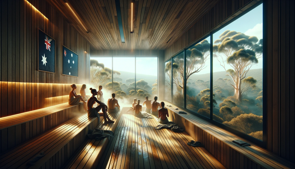 Sauna mit vielen Menschen mit Blick auf australische Buschlandschaft