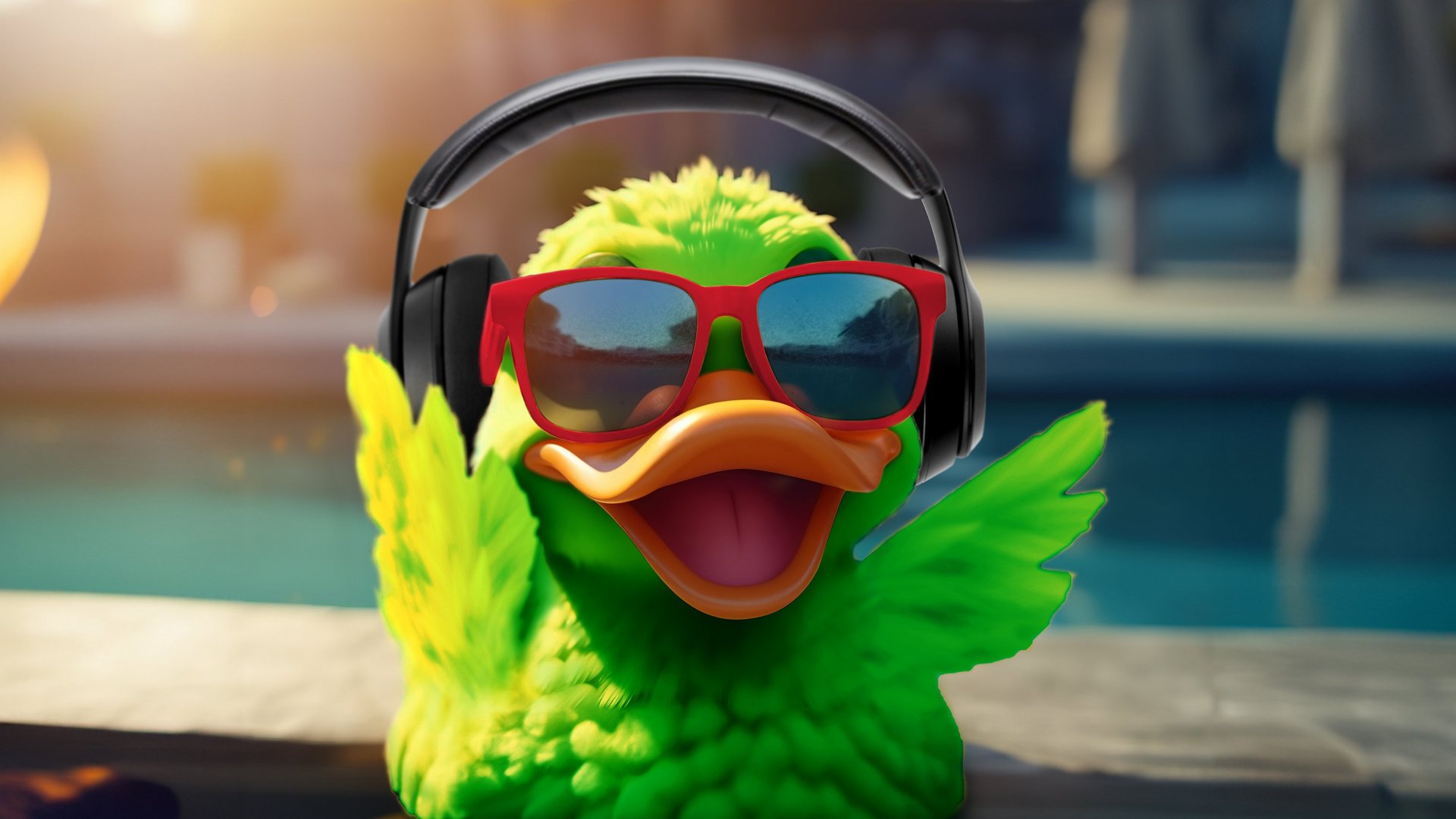 Grüne Party-Ente im Pool Grüne Party-Ente im Pool mit Sonnenbrille und Kopfhörern